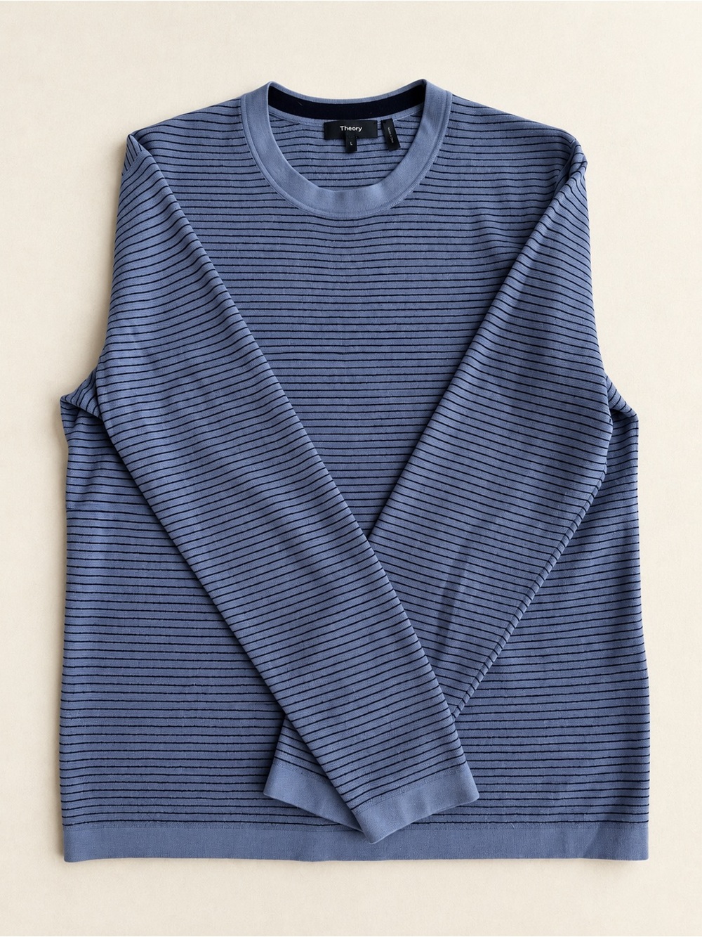 New Theory Men's Heathered Blue Striped Crewneck Sweater